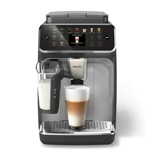 Cafetera superautomática Philips LatteGo — vista frontal con latte macchiato