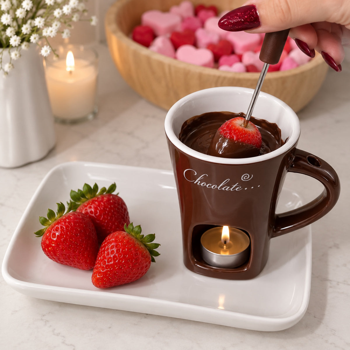 Brown fondue mug with a chocolate-dipped strawberry