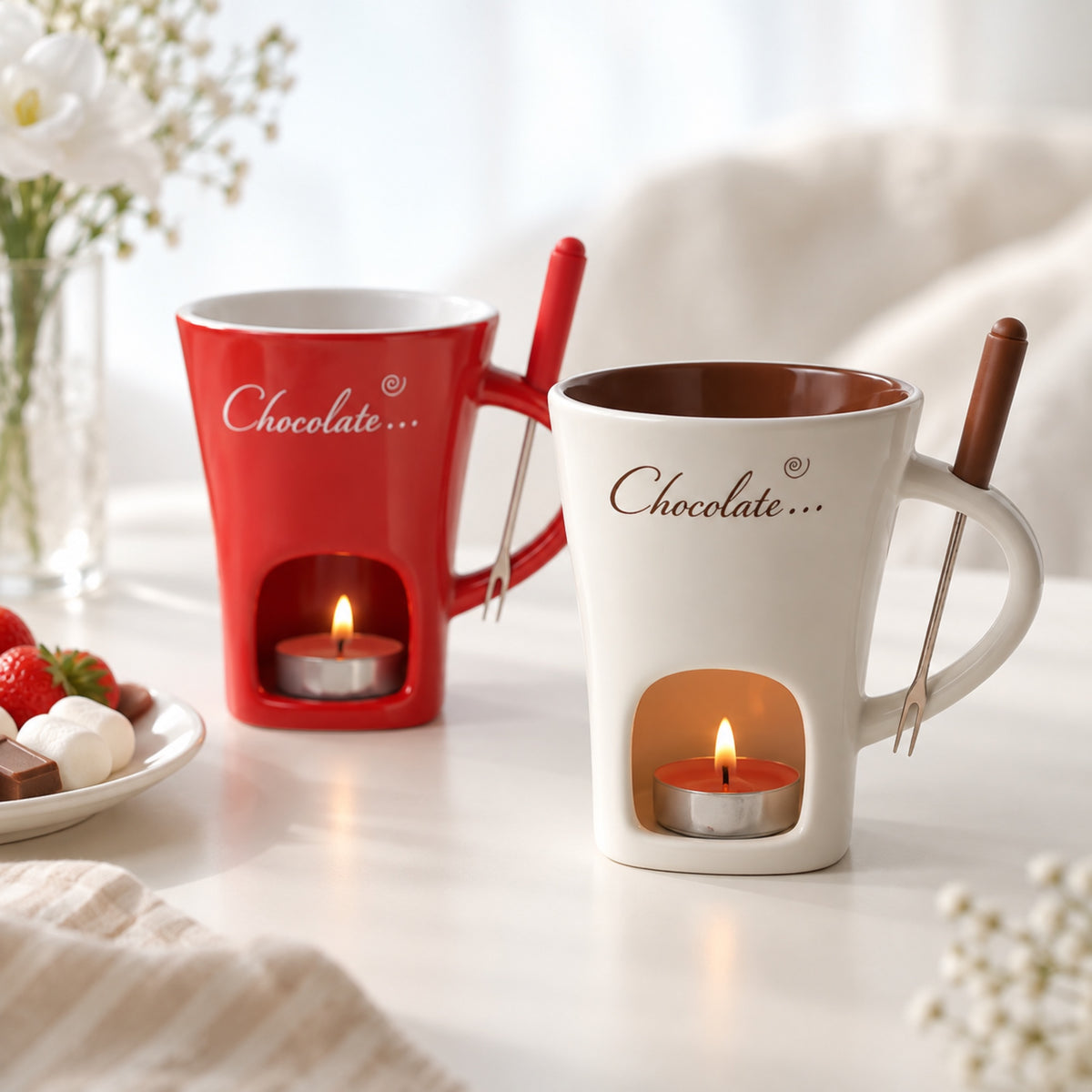 Red and white fondue mugs lit with tea lights