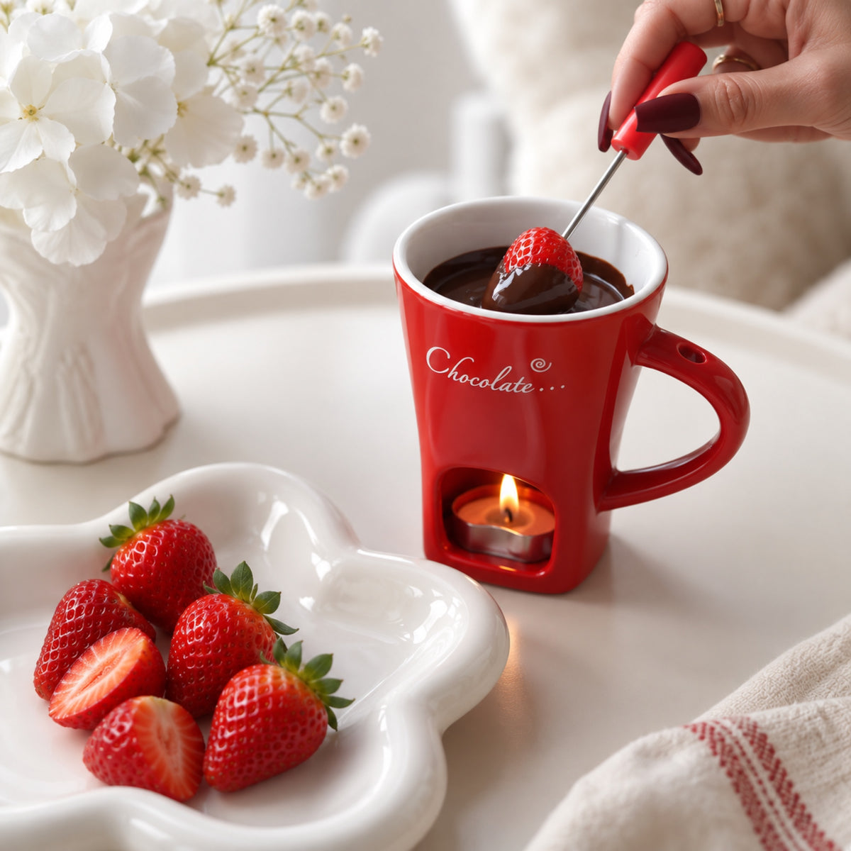 Dipping a strawberry into the red fondue mug