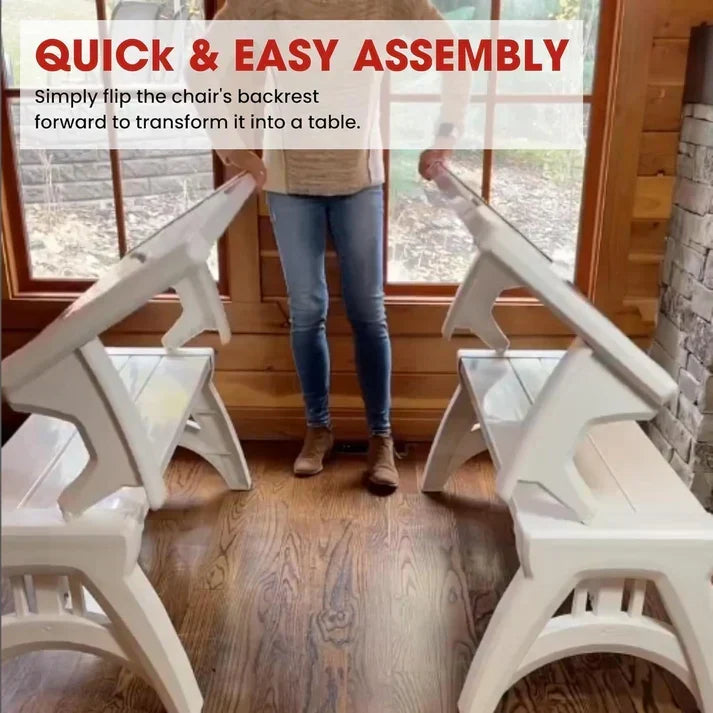 Flipping two backrests forward to turn the benches into tables