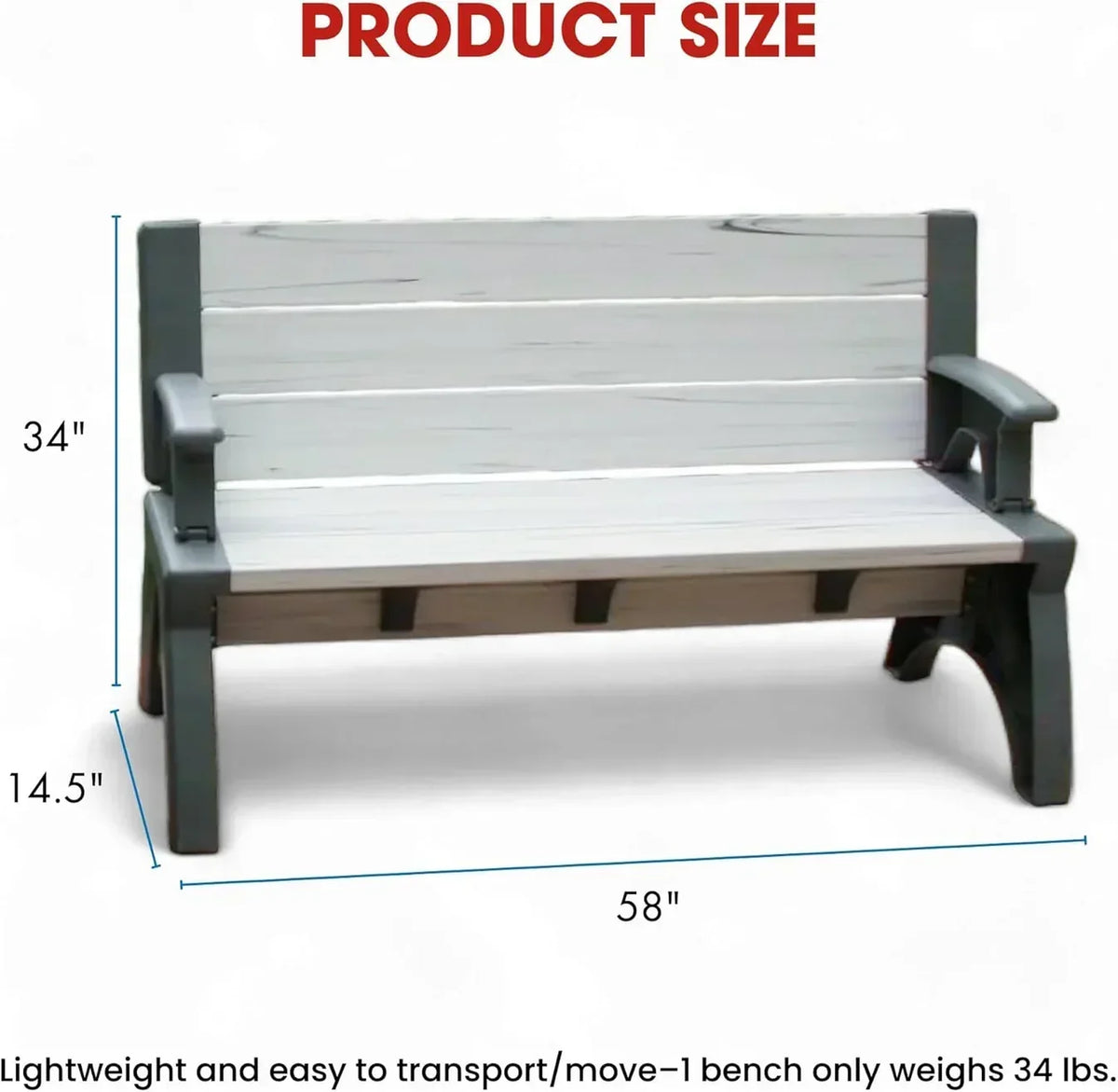 Size chart — 58 in wide, 34 in high, 14.5 in seat, 34 lb per bench