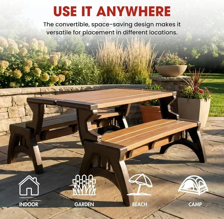Picnic table set on a garden patio