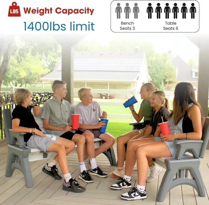 Six people sitting on two Grey benches