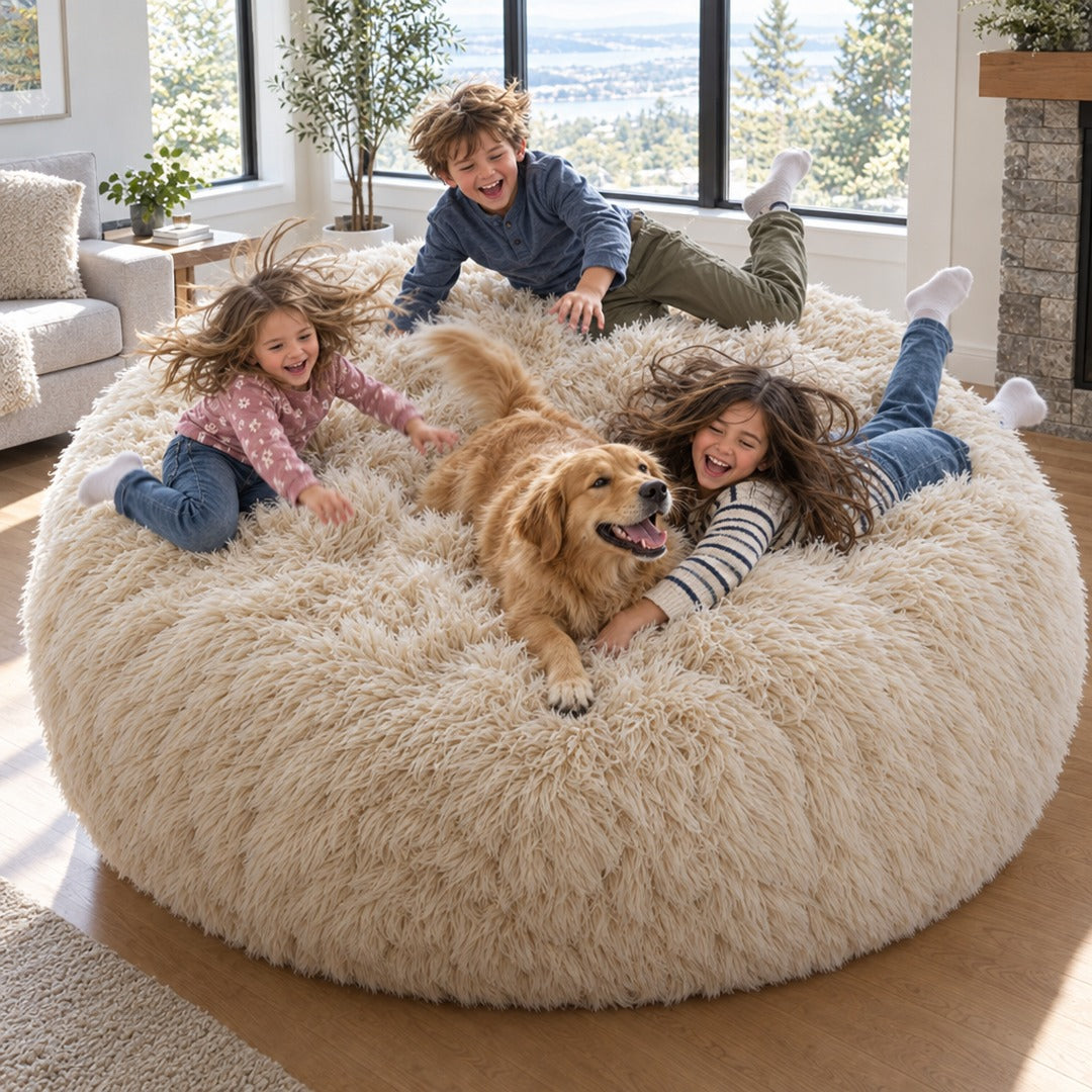 Three children and a dog playing on the bean bag
