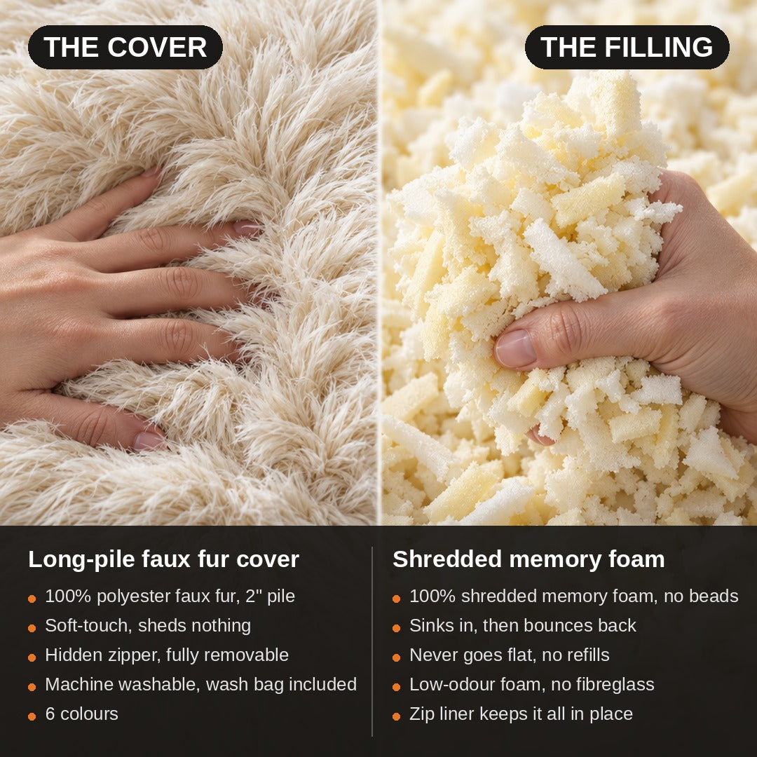 Materials: long-pile faux fur cover and shredded memory foam filling