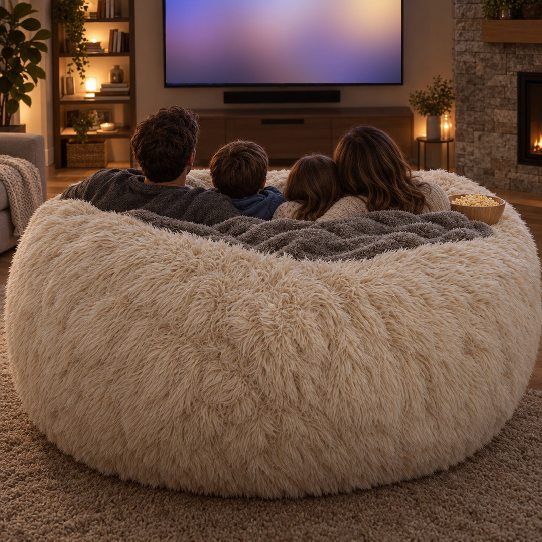 Family watching a film from the bean bag with a blanket and popcorn