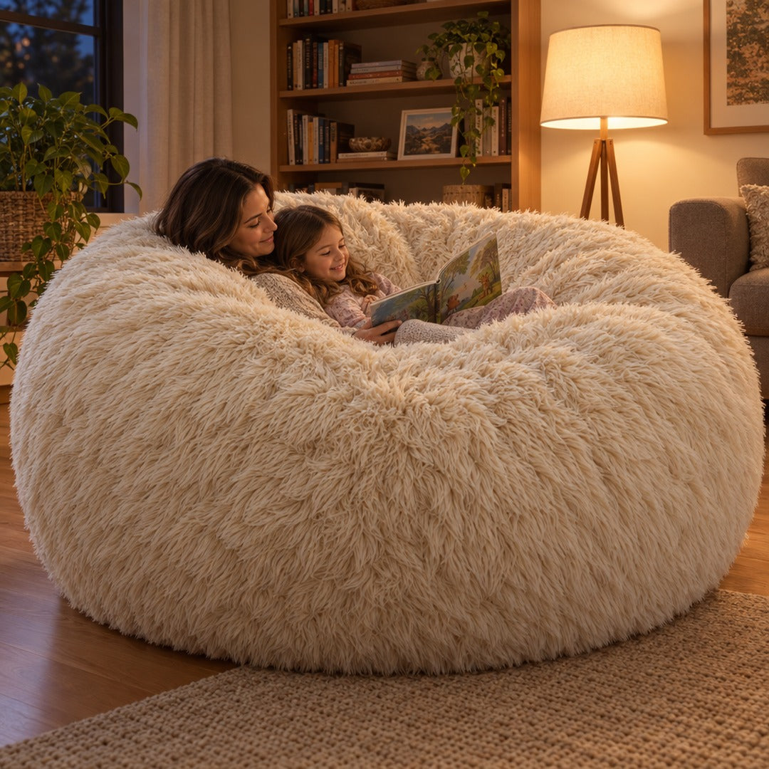 A parent and child reading a book together on the bean bag
