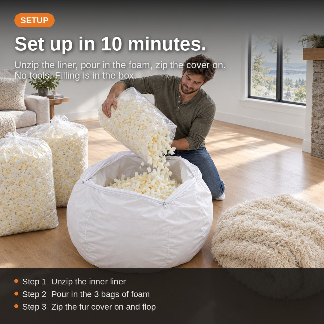 Setup: pouring the three bags of shredded memory foam into the zip liner