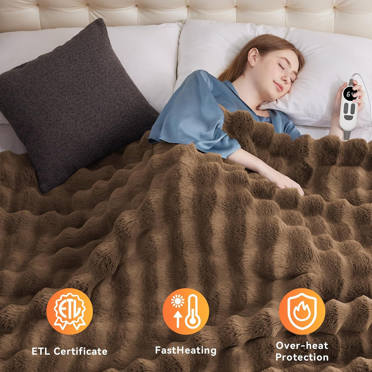 Brown heated blanket on a bed
