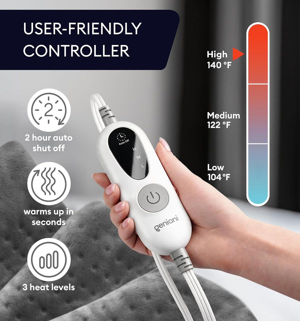 Controller with 3 heat settings and 2-hour auto shut-off