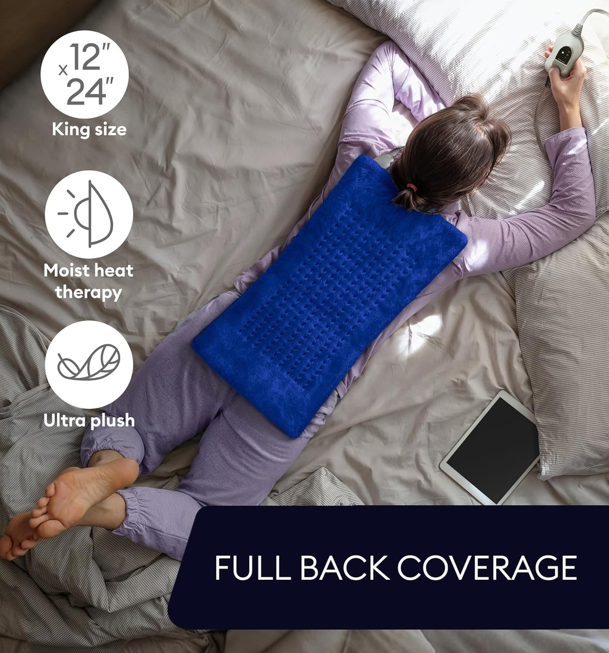 Space Blue heating pad across the back