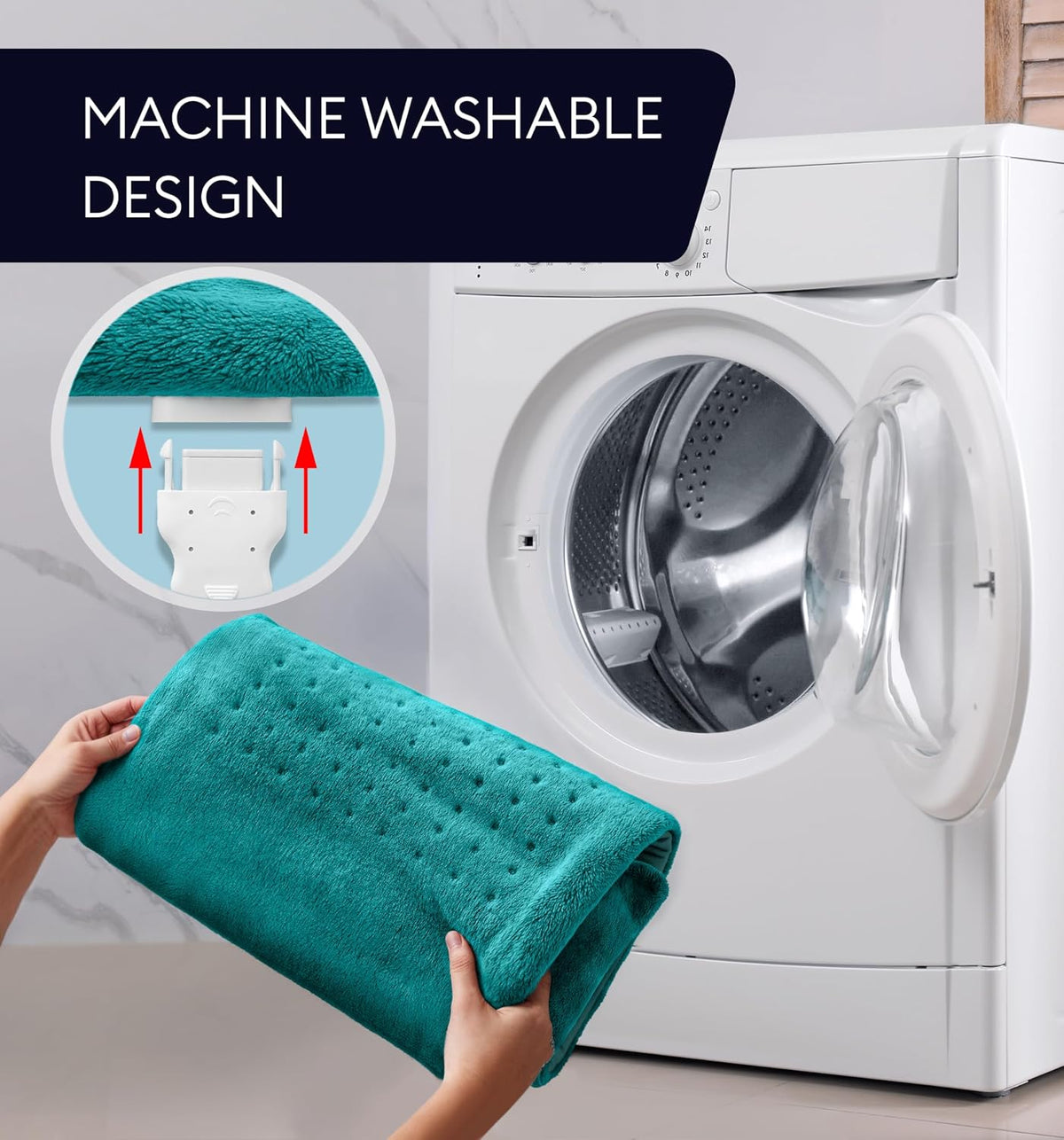 Viridian Green heating pad going into the washing machine