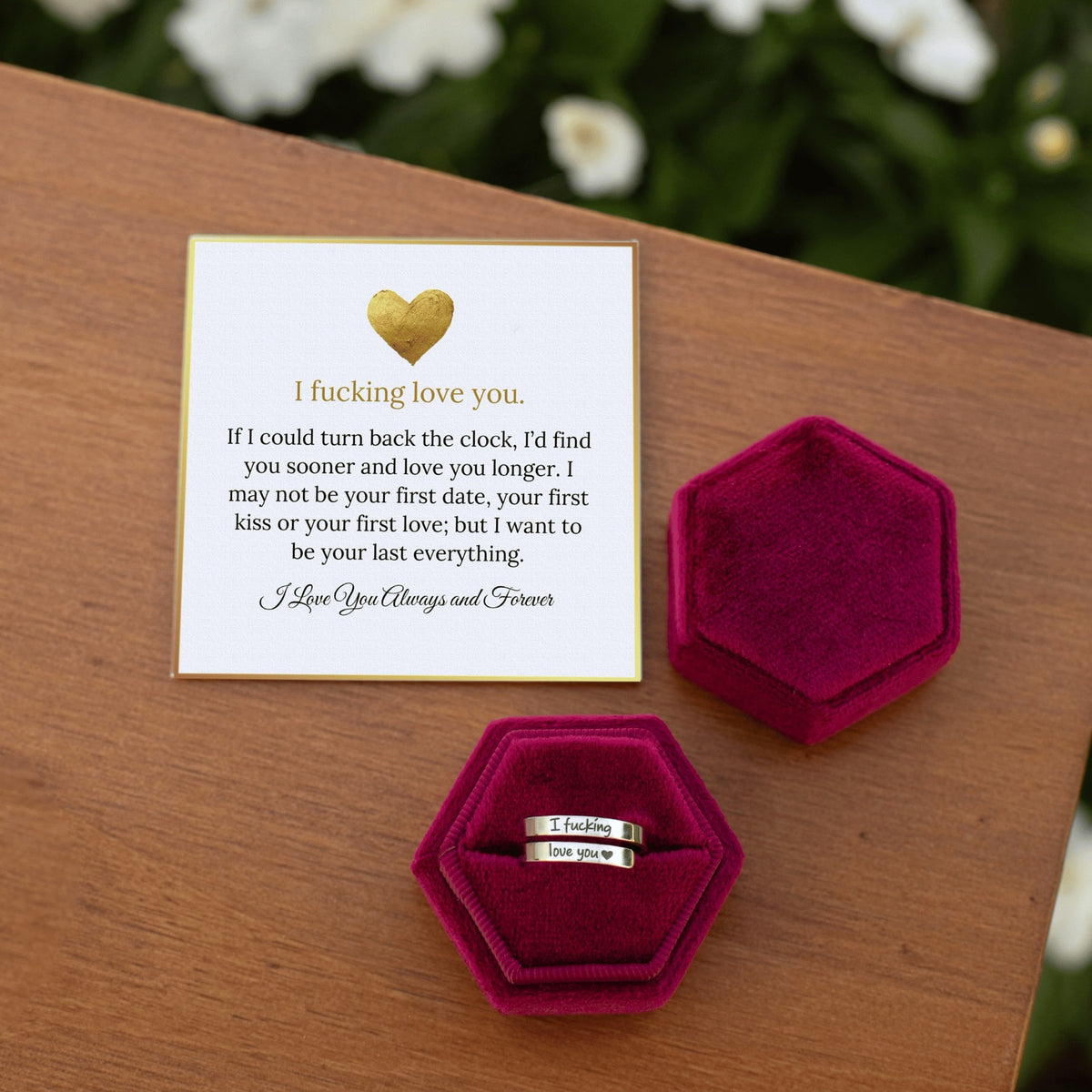 Message card beside the ring in a velvet box