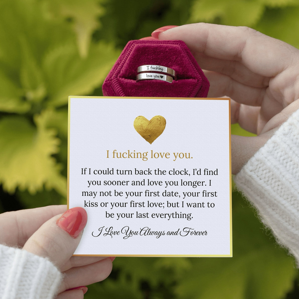 The ring in a velvet box with its 'I fucking love you' message card