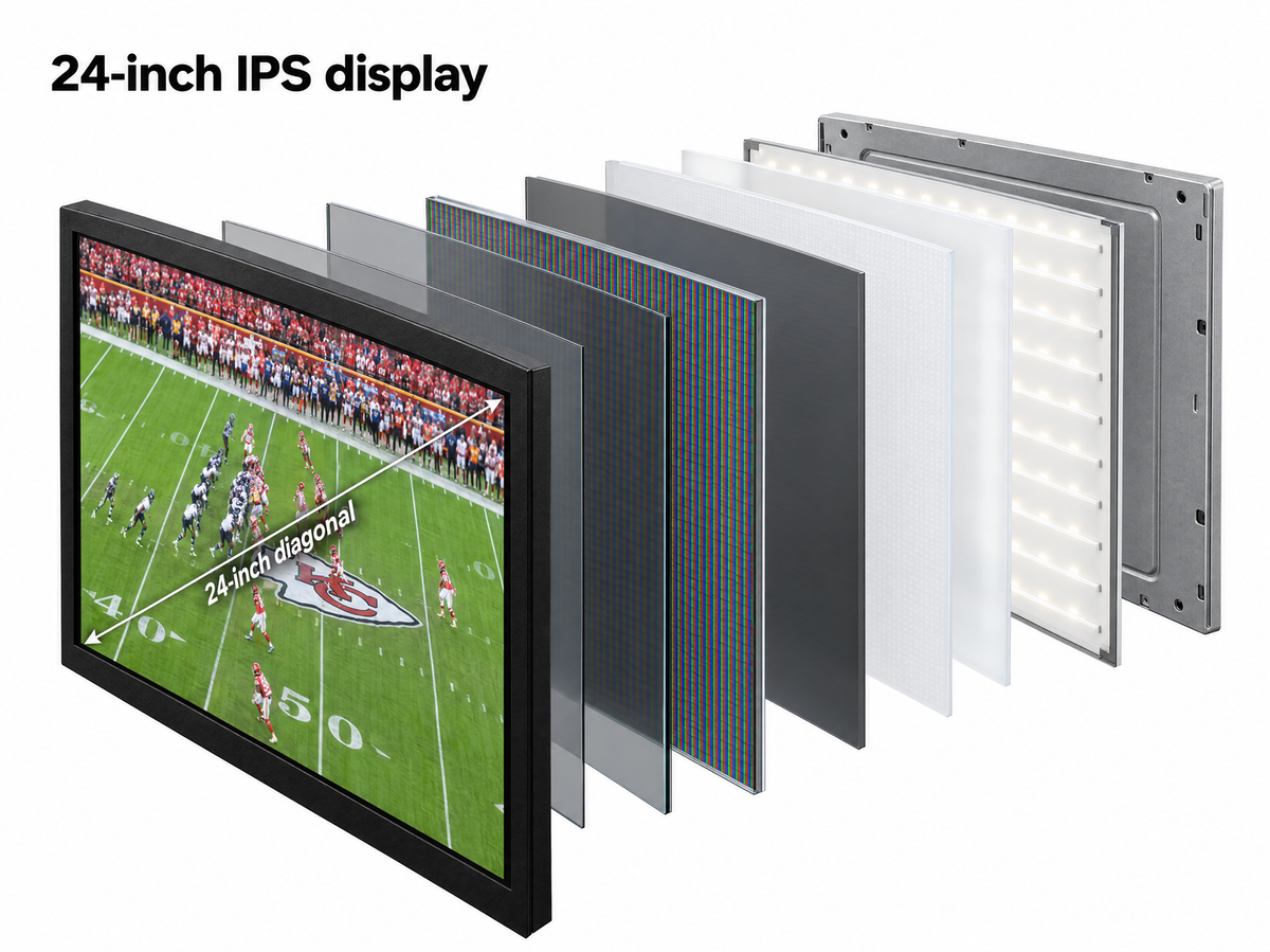 Exploded view of one 24-inch IPS display — LED backlight, optical films and panel layers