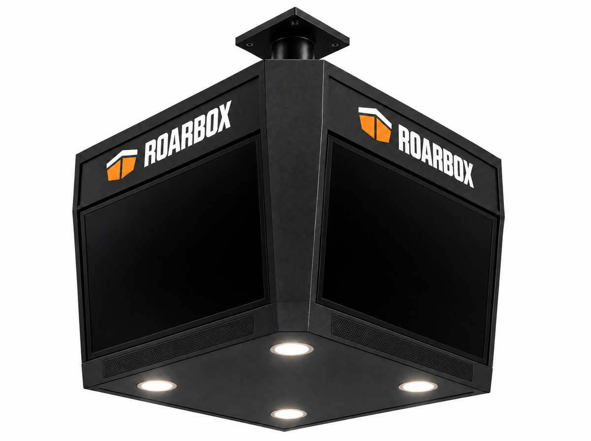 Four-sided ceiling-mounted display unit — four 24-inch screens, four recessed downlights underneath and speaker grilles below each screen