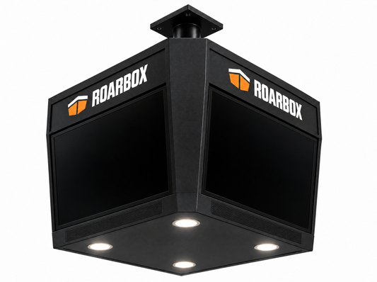 Four-sided ceiling-mounted display unit — four 24-inch screens, four recessed downlights underneath and speaker grilles below each screen