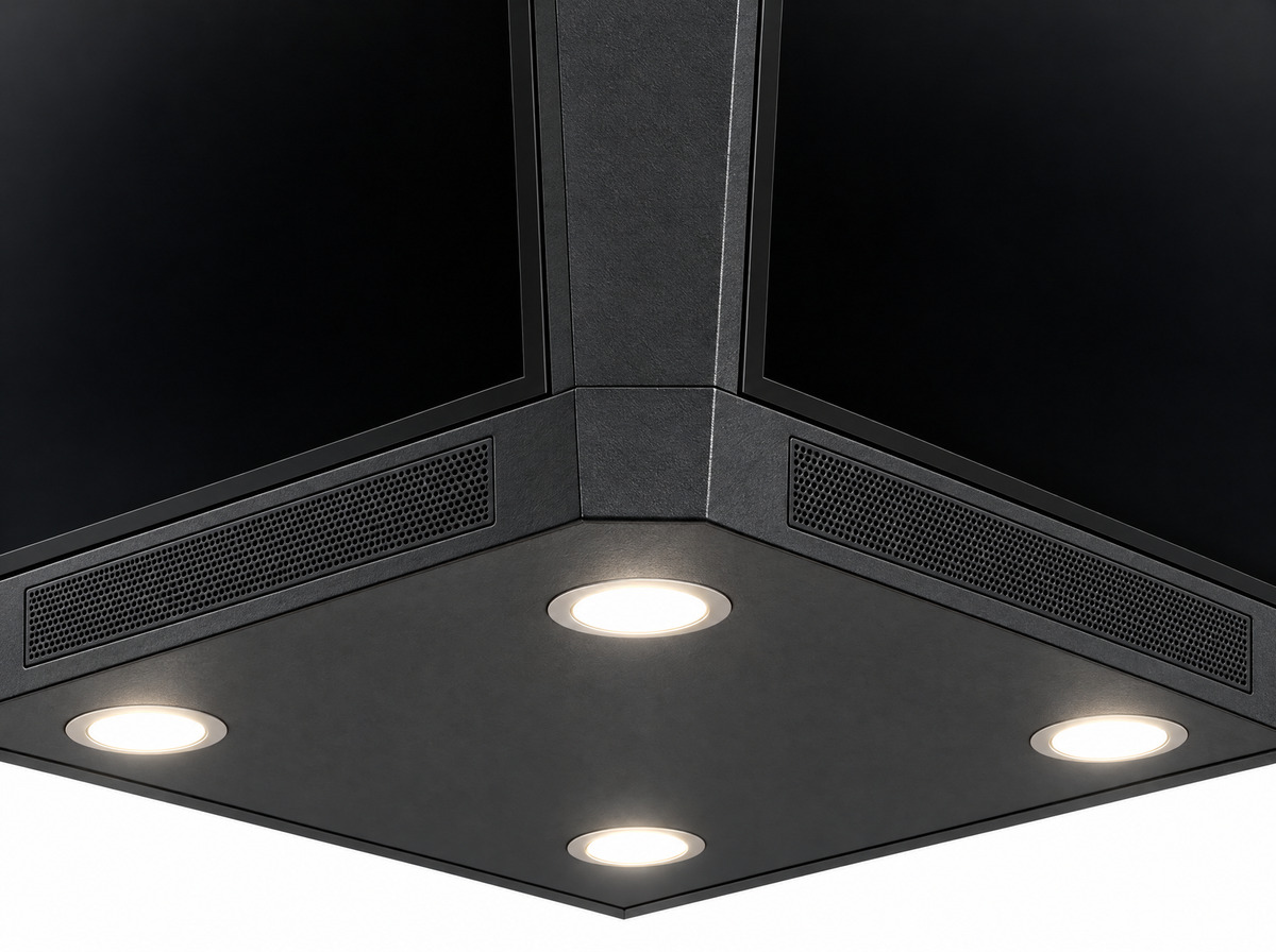 Underside close-up — four recessed downlights and the slim speaker grille beneath each screen