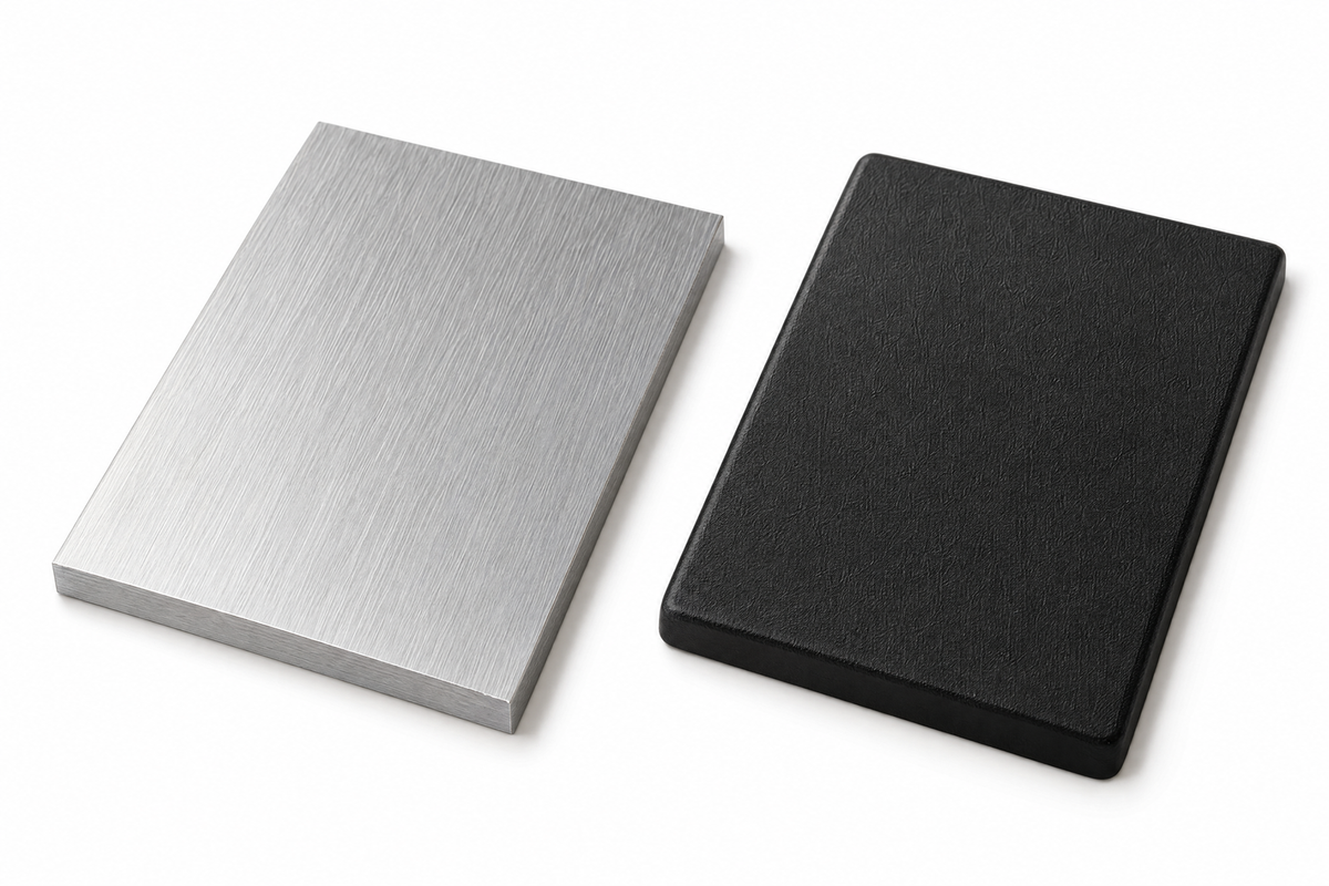 Material samples — brushed aluminium for the internal frame and matte black textured plastic for the outer shell