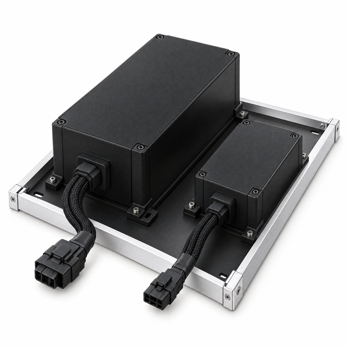 Internal power supply modules mounted on the aluminium frame with connector leads