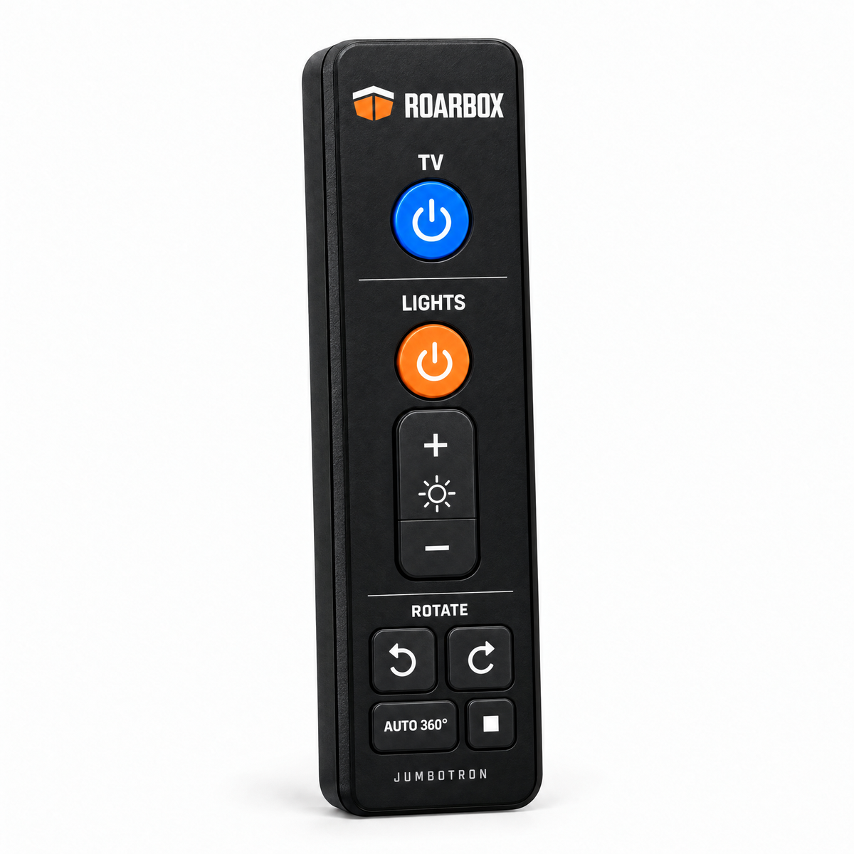 Handheld remote with TV power, lights power, brightness up and down, rotate left and right, Auto 360° and stop buttons