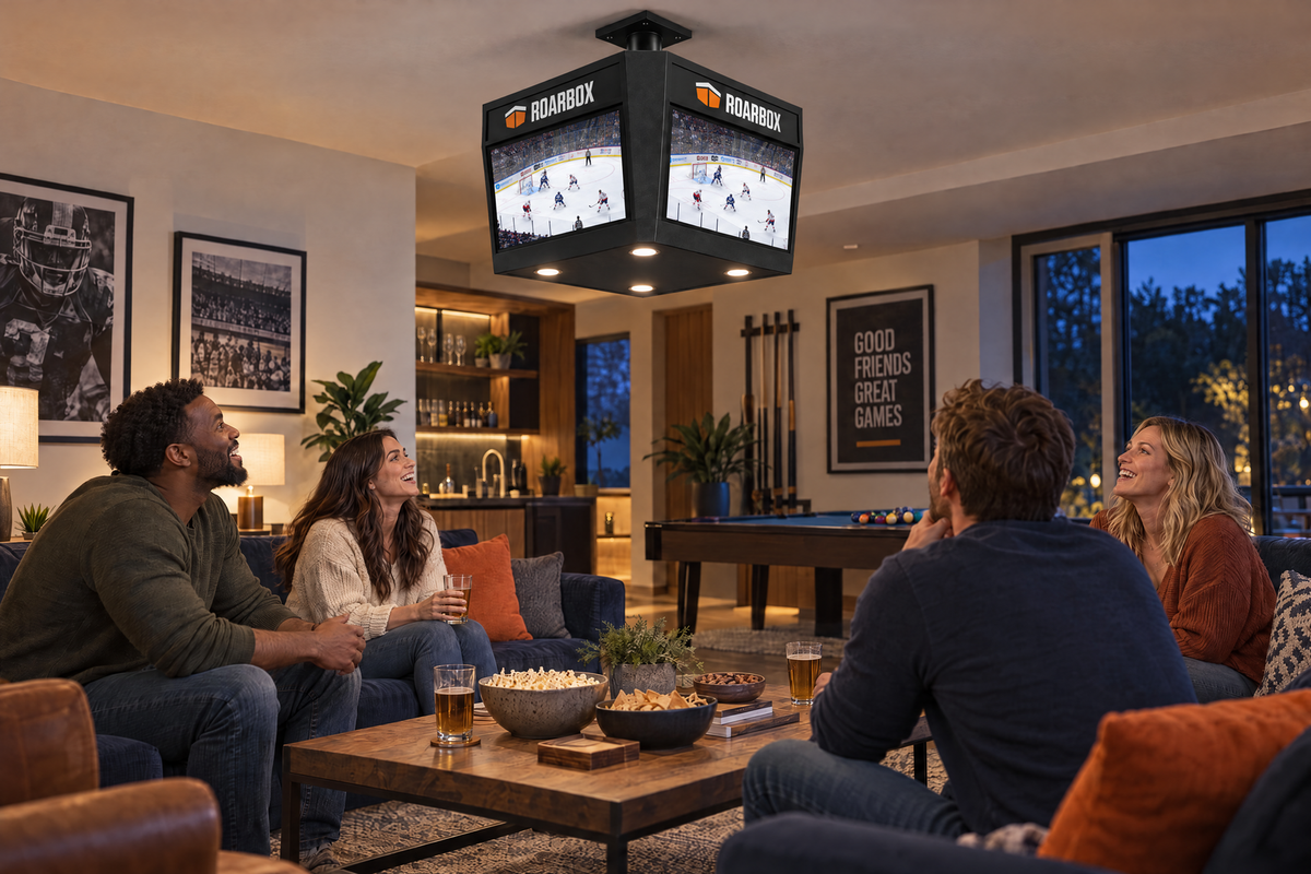 Four friends watching hockey on the ceiling-mounted screens from the sofa