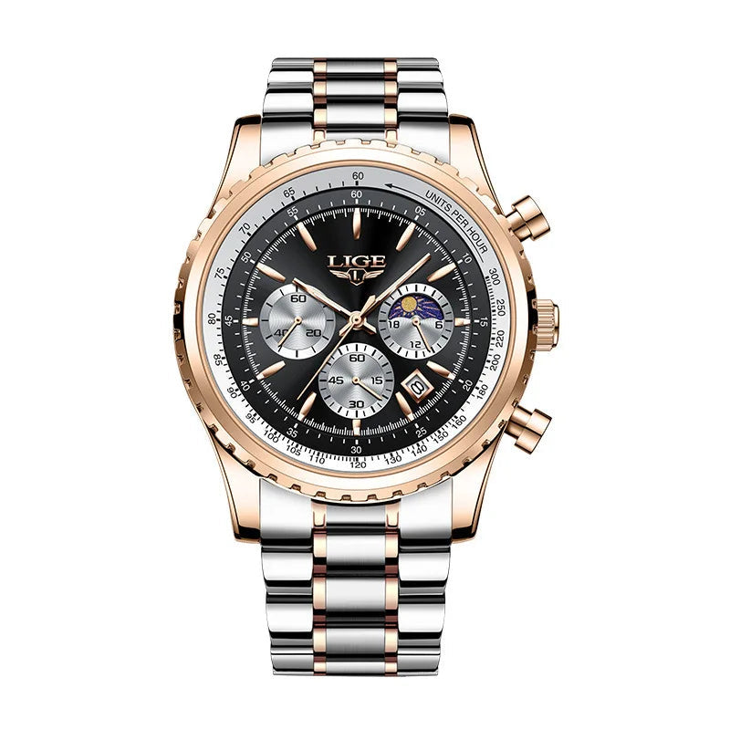 LIGE watch in Eclipse — black dial, rose gold and steel