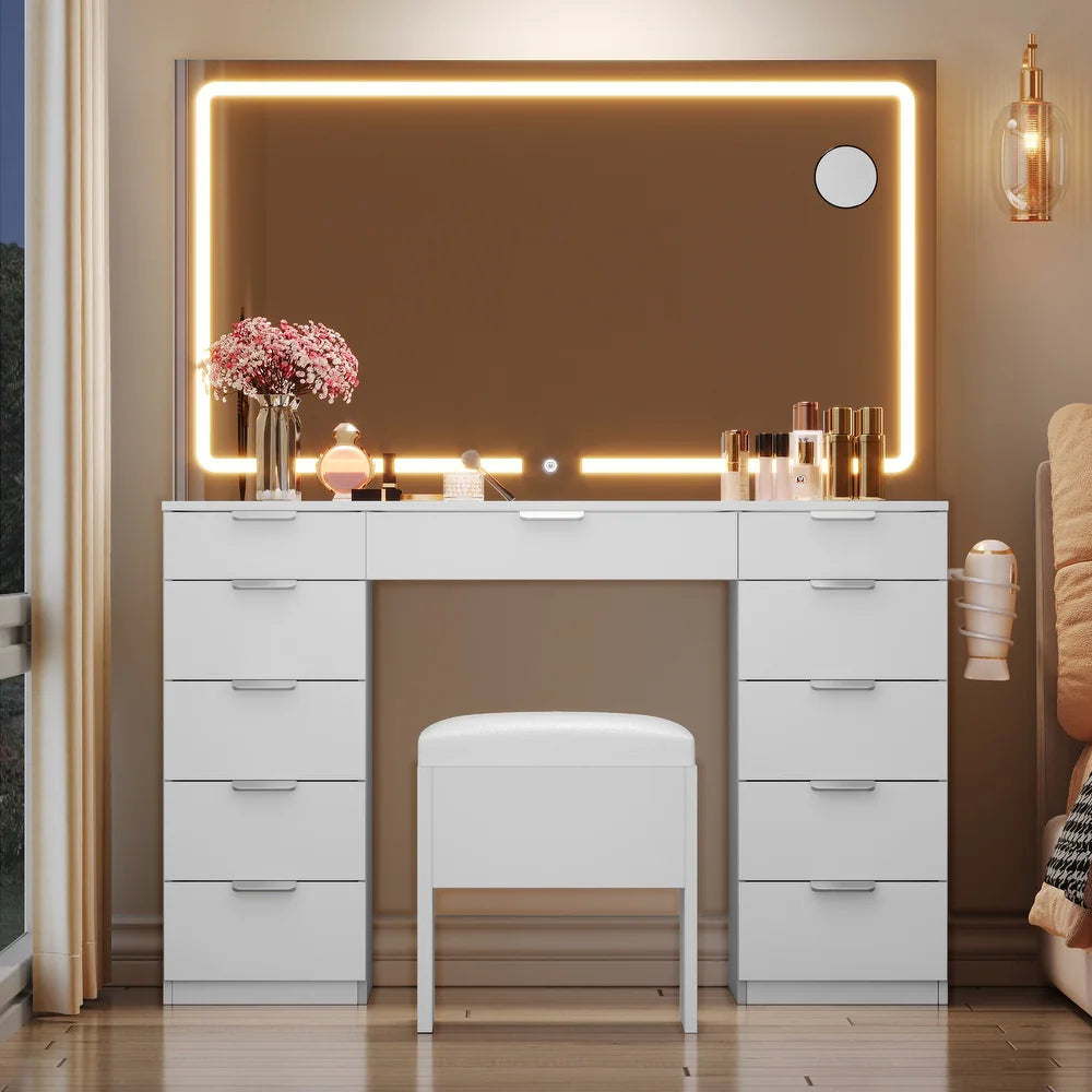 Coiffeuse blanche 11 tiroirs avec miroir lumineux et tabouret, vue de face