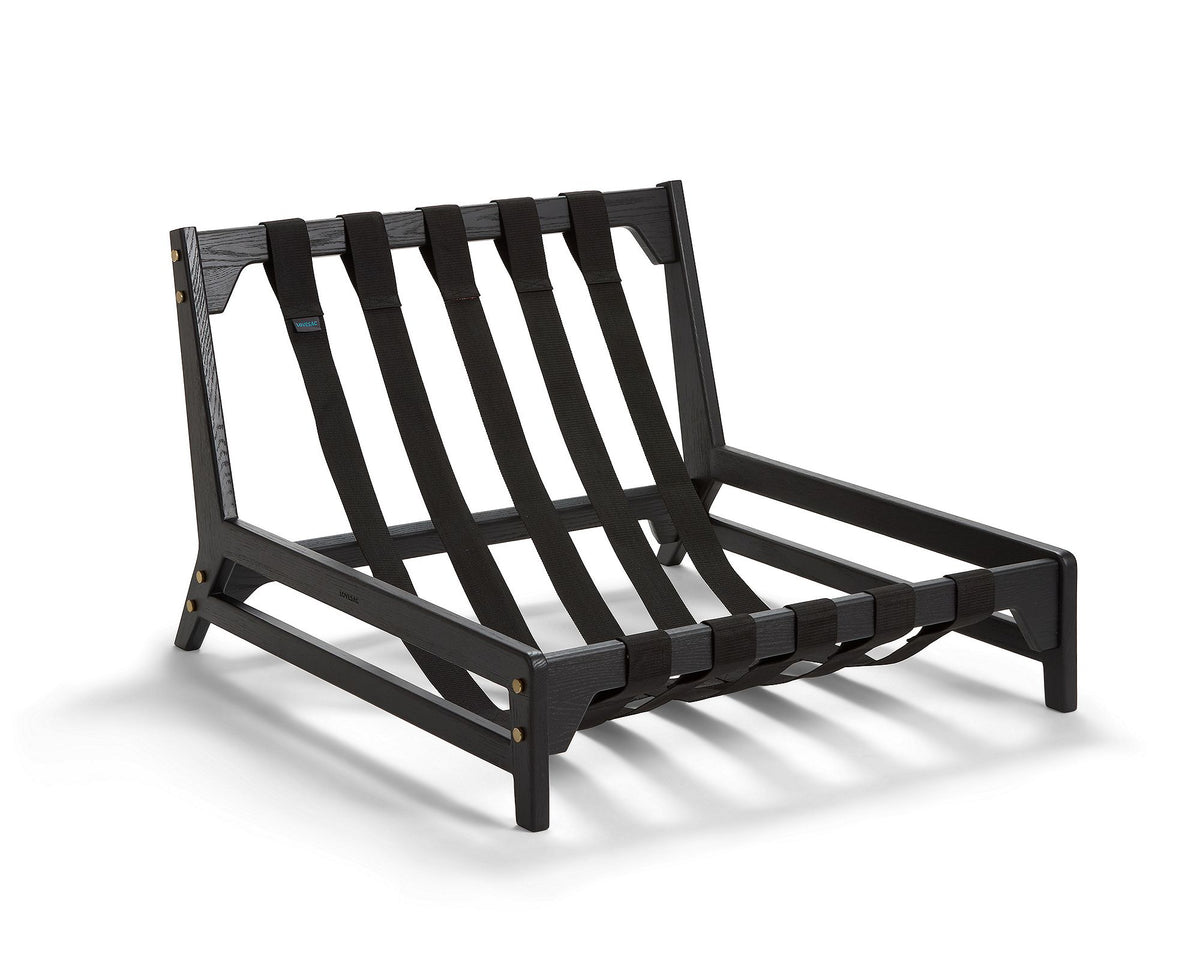 Black wood frame with webbing straps, angle