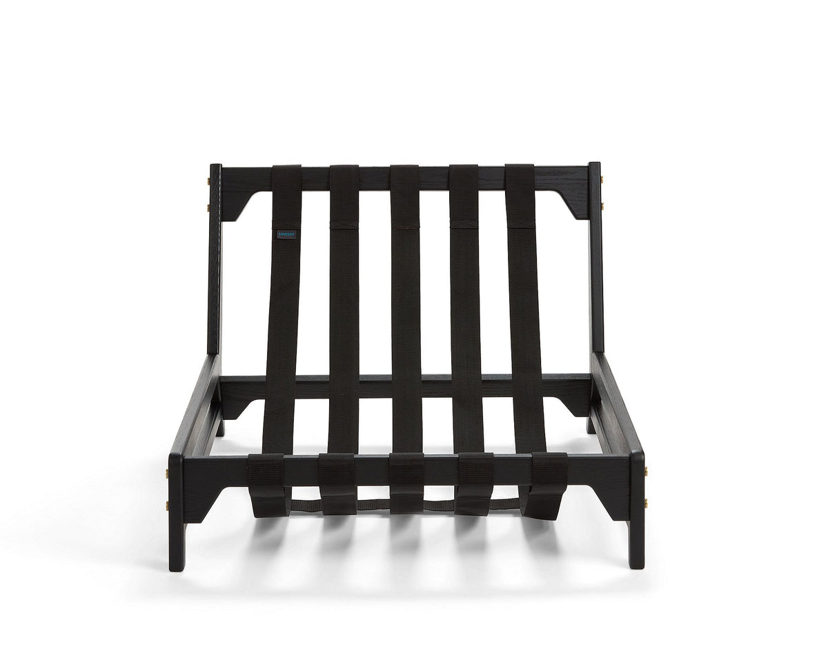 Black wood frame with webbing straps, front