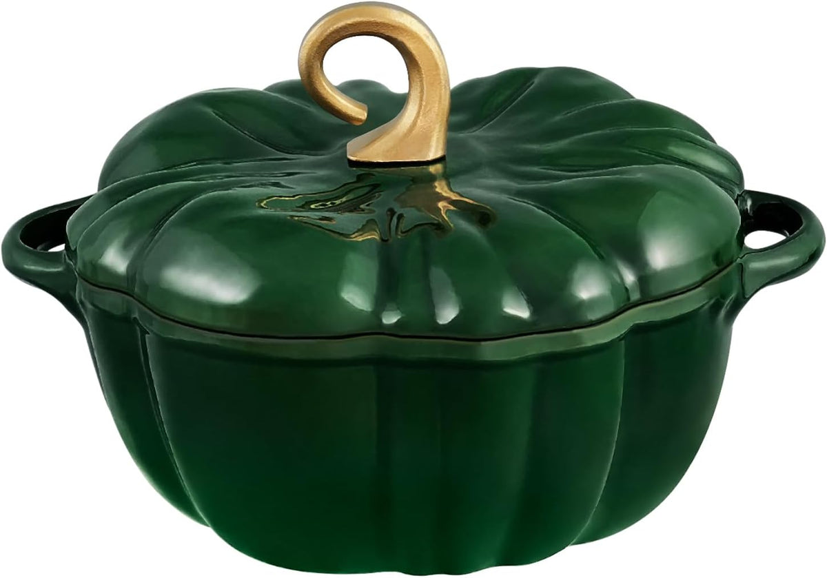 Pumpkin Dutch oven in Green with golden stem knob