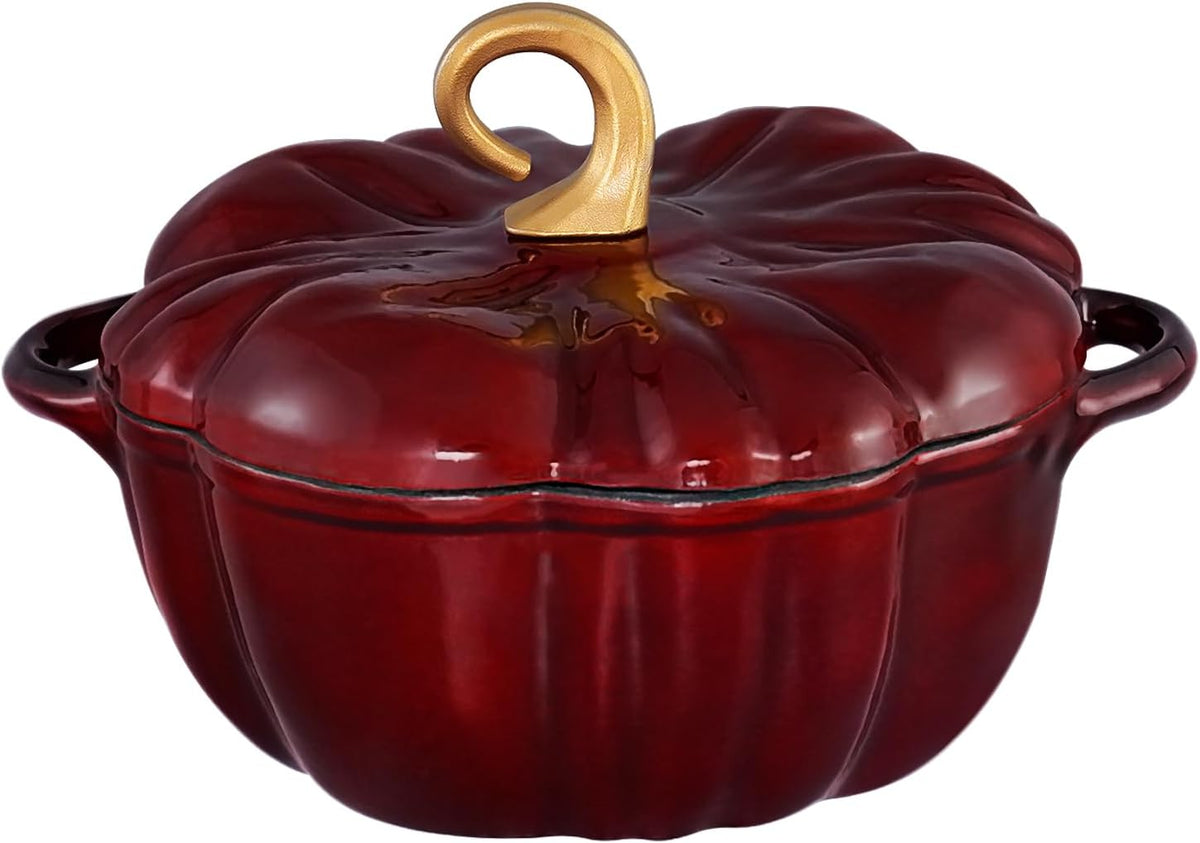 Pumpkin Dutch oven in Red with golden stem knob