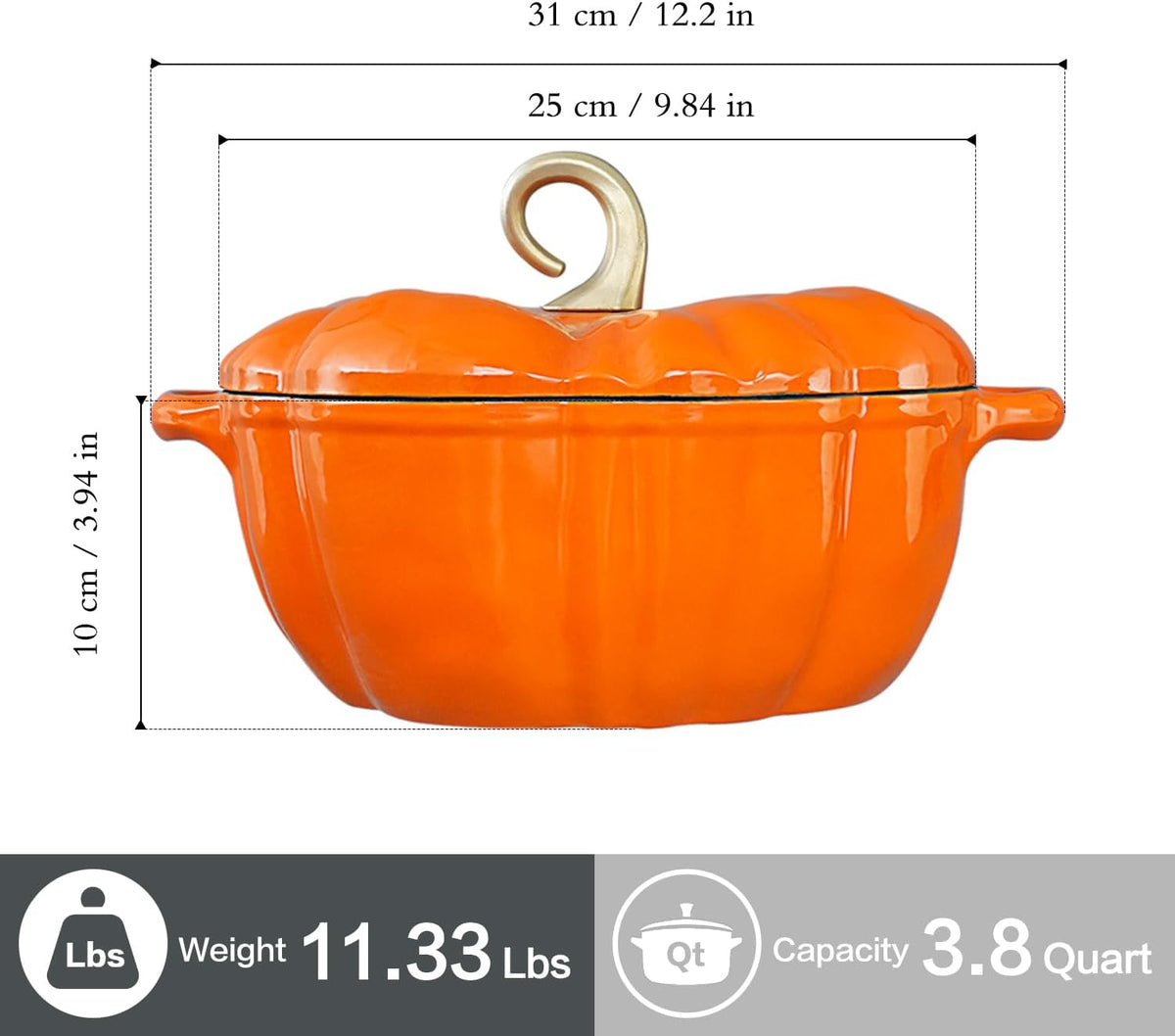 Size: 12.2 in wide with handles, 9.84 in pot, 11.33 lb, 3.8 quart