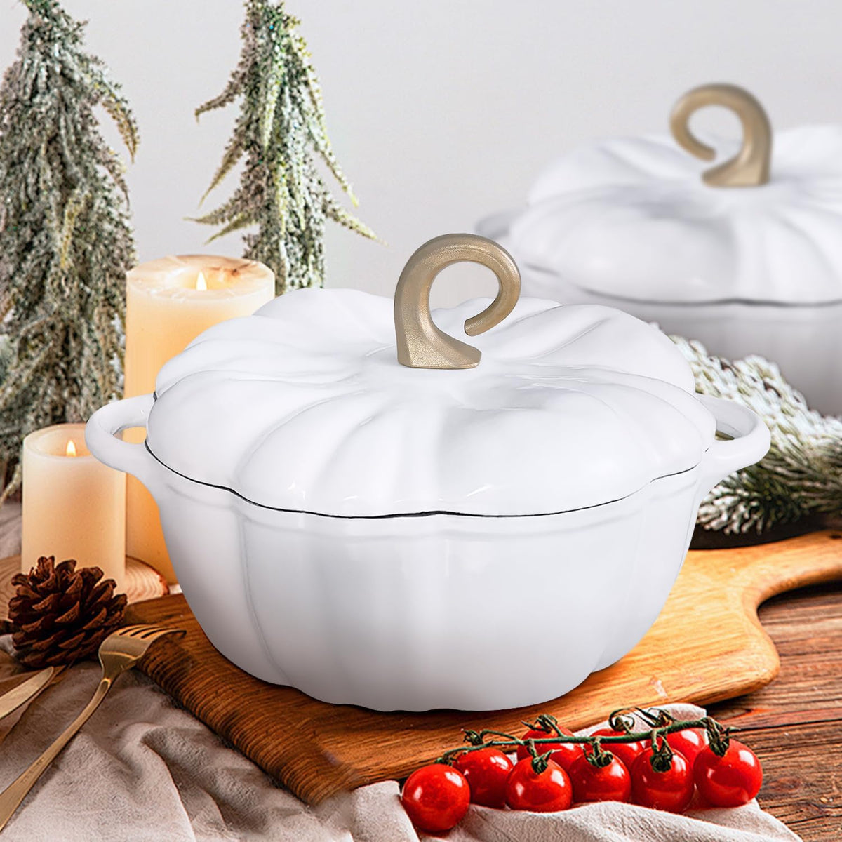 White pumpkin Dutch oven on a winter table