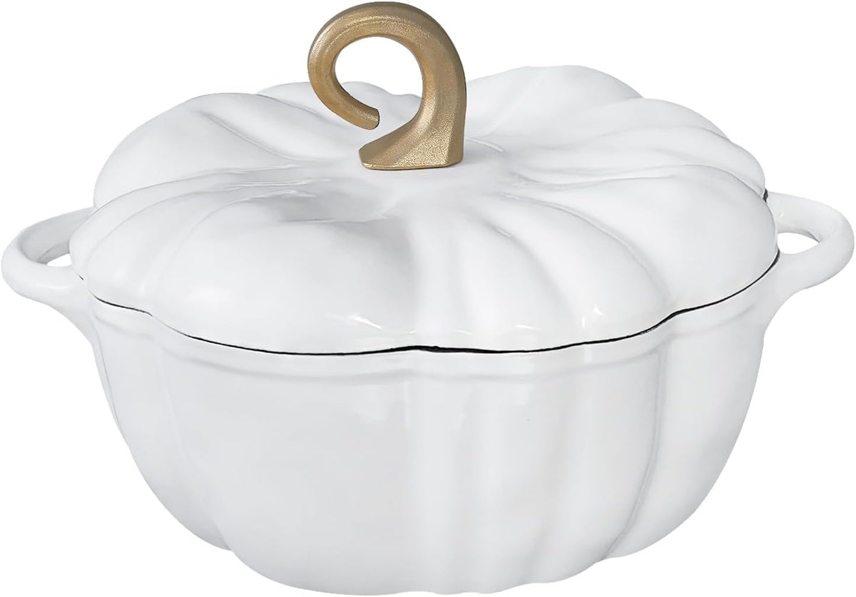 Pumpkin Dutch oven in White with golden stem knob