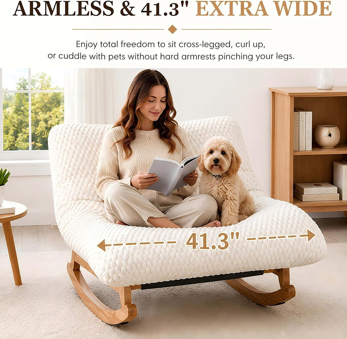 Armless design with a 41.3 inch wide cushion, shown with a person and a dog