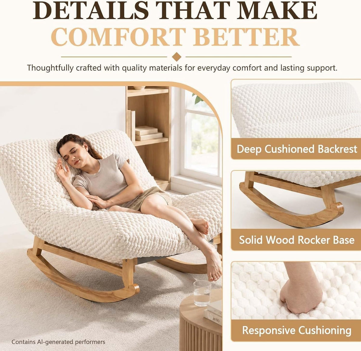 Deep cushioned backrest, solid wood rocker base and responsive cushioning