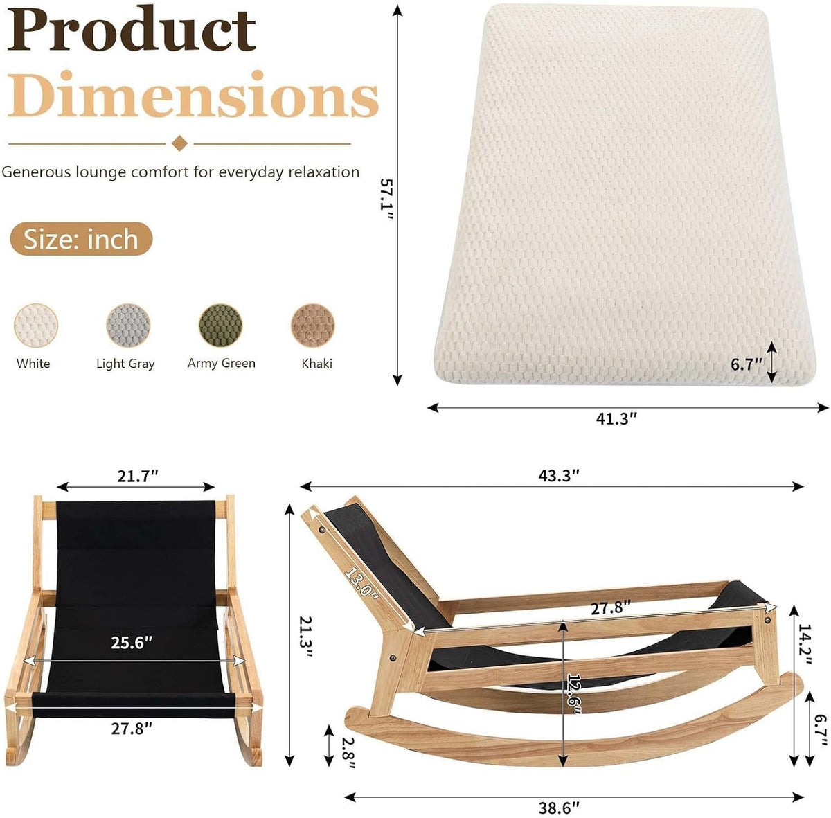 Dimension diagram: cushion 41.3 by 6.7 inches, frame 43.3 inches long, 38.6 inches deep, 21.3 inches high