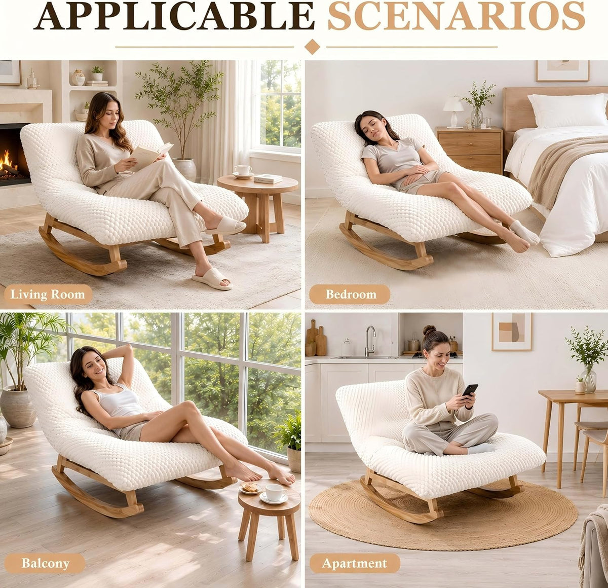 The rocking chair in a living room, bedroom, balcony and apartment
