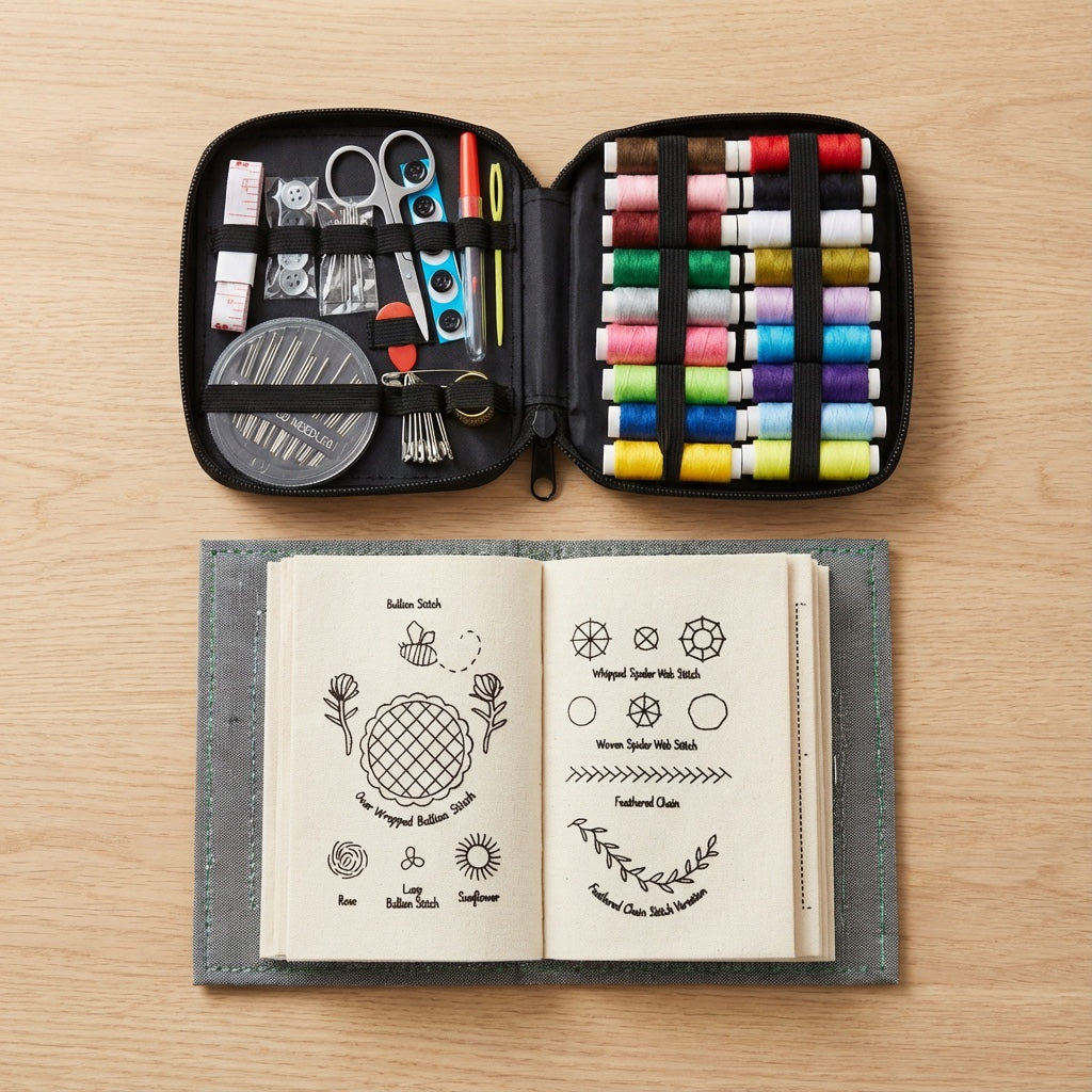 The book and thread case laid flat