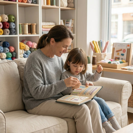 A mother and child stitching together