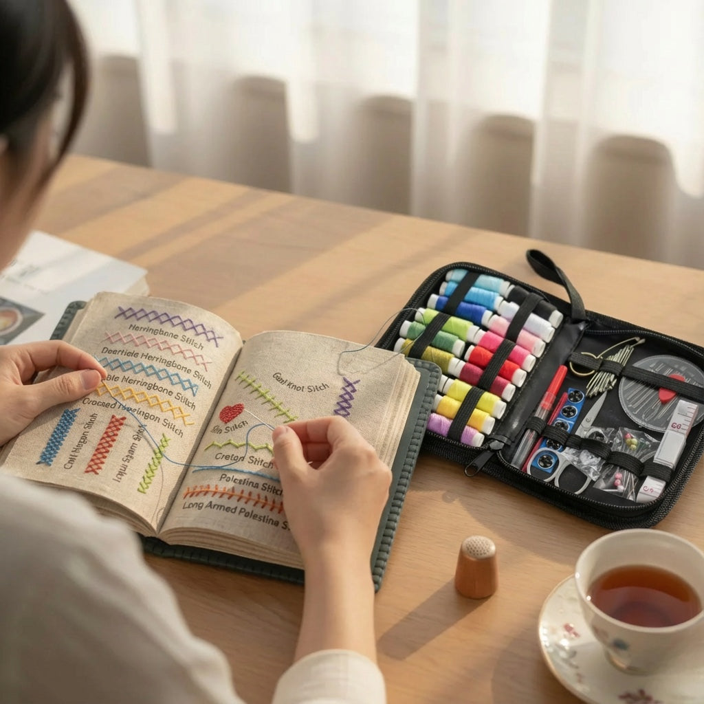 Stitching the embroidery book at a table