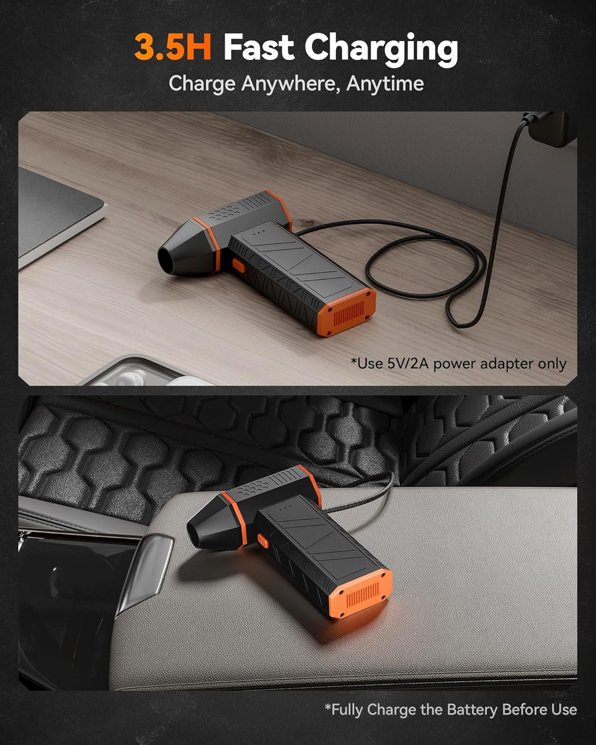 USB-C charging at a desk and in the car