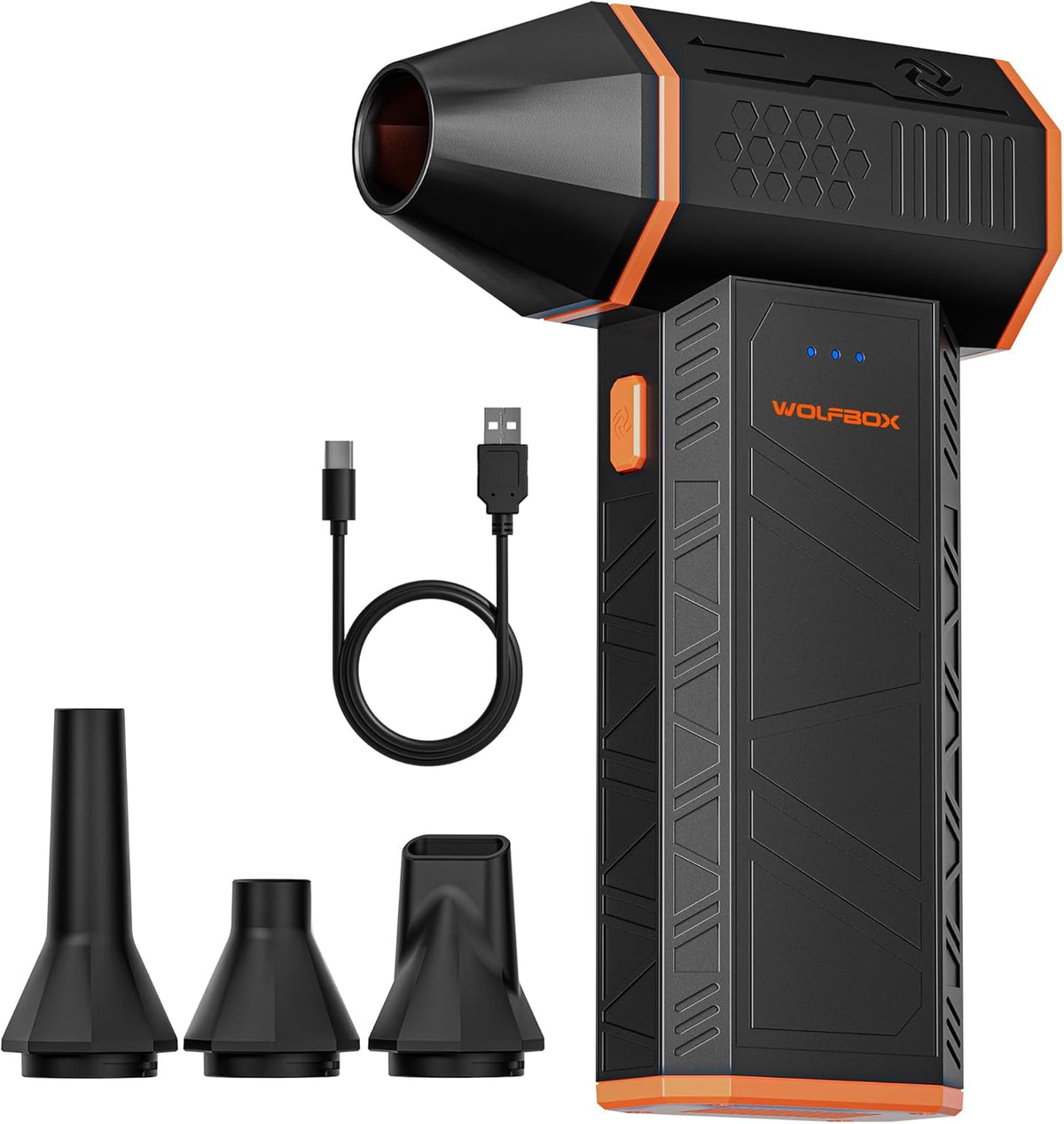 WOLFBOX MegaFlow 50 electric air duster with 4 nozzles and charging cable