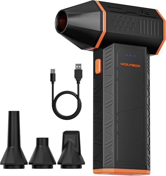 WOLFBOX MegaFlow 50 electric air duster with 4 nozzles and charging cable