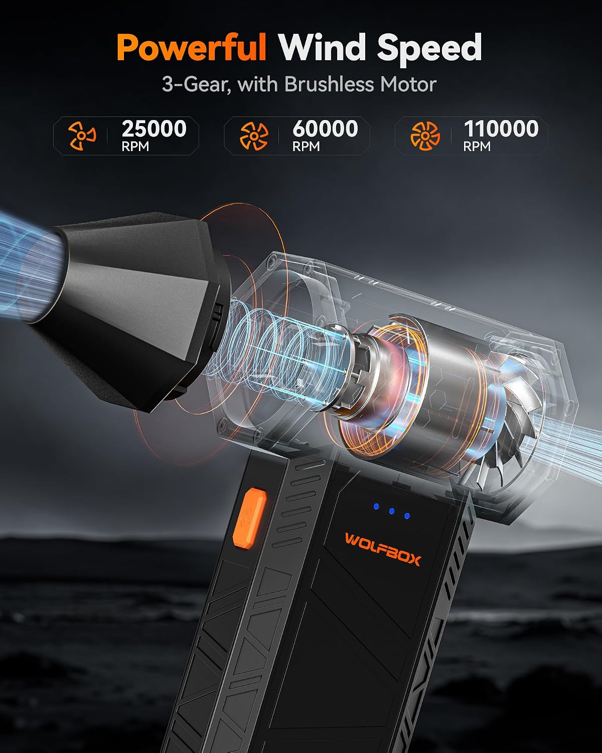 Three speeds: 25,000, 60,000 and 110,000 RPM with a brushless motor